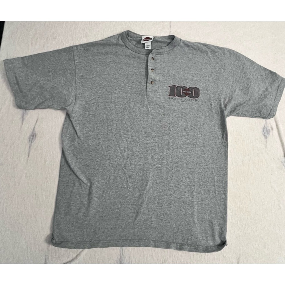 Harley-Davidson 100 Years 1903–2003 Henley T-Shirt Gray Size L USA Fabric Milwau